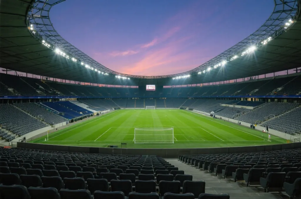 A wide-angle shot of a modern, empty soccer stadium illuminated by bright floodlights under a twilight sky