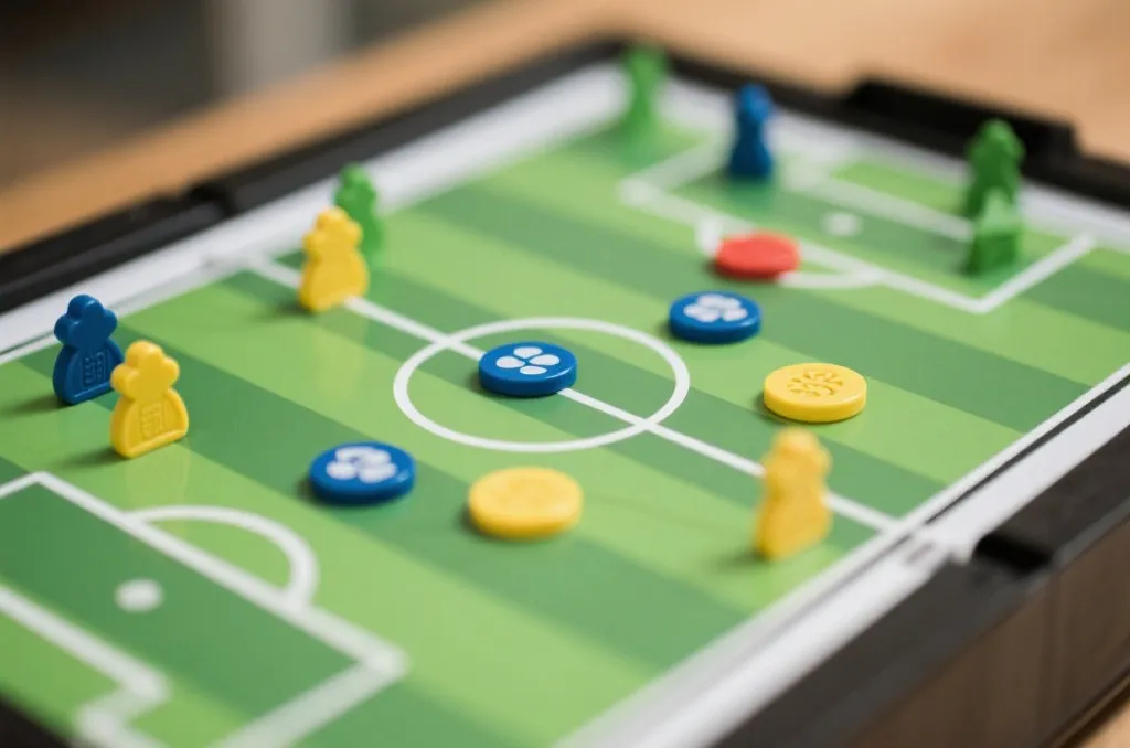 A tactical soccer board with magnetic pieces showing strategy, close-up, shallow depth of field