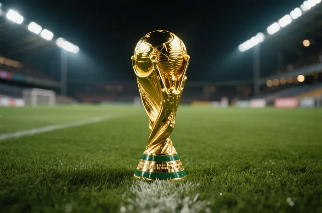 A close-up shot of a classic gold soccer championship trophy resting on a pristine grass field under stadium floodlights, cinematic style