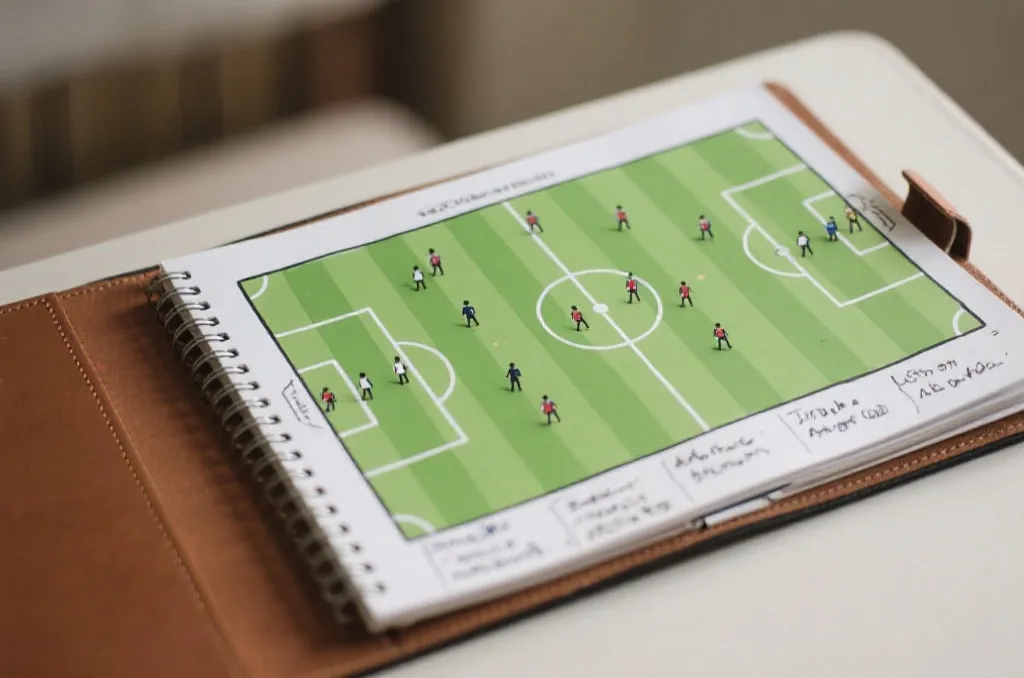 A tactical planning notebook with a drawn football pitch diagram, showing generic strategic lines, player positions, and tactical notes, editorial style