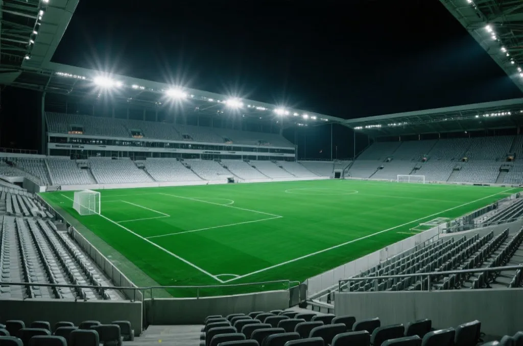 An expansive view of a generic professional soccer stadium at night under bright stadium lights